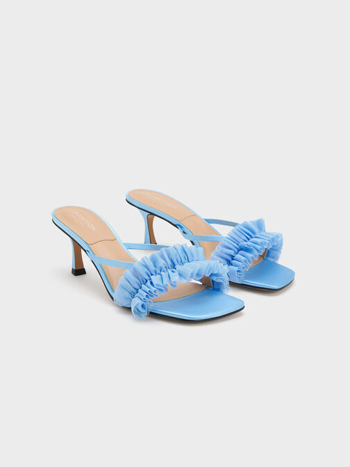 Recycled Polyester Ruffled Mesh Heeled Mules, Blue, hi-res