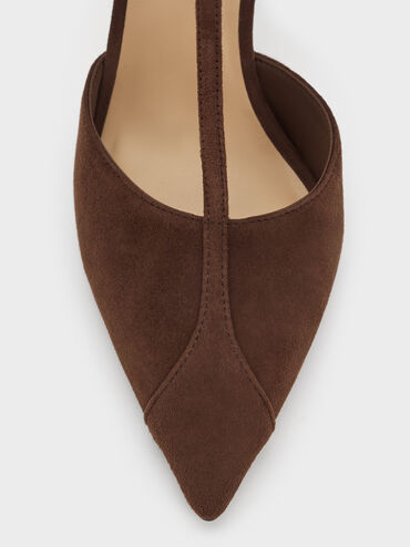 Suede T-Bar Pointed Heeled Mules, Brown, hi-res