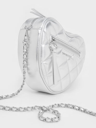 Túi đeo chéo hình trái tim Philomena Metallic Quilted Heart, Bạc, hi-res