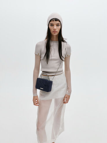 Túi xách phom chữ nhật Jennis Lace & Satin, Dark Blue Textured, hi-res