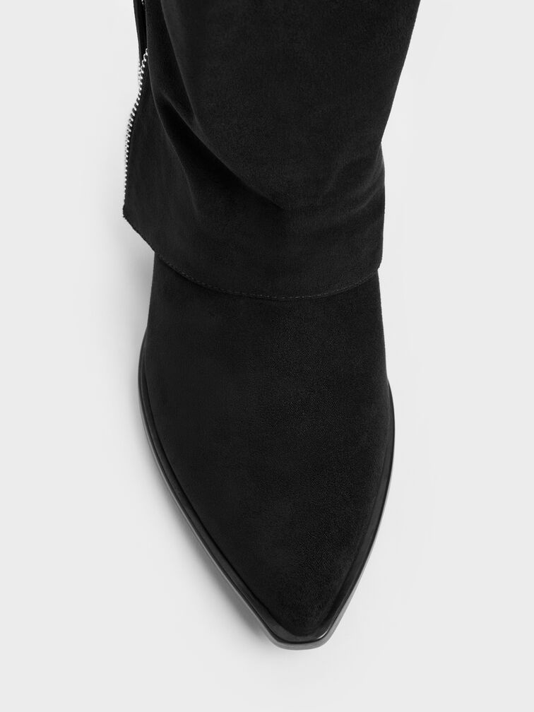 Aether Faux Suede Tassel-Zip Knee-High Boots, Black Textured, hi-res