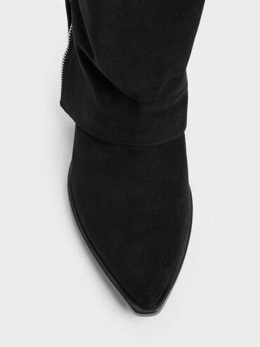 Aether Faux Suede Tassel-Zip Knee-High Boots, Black Textured, hi-res