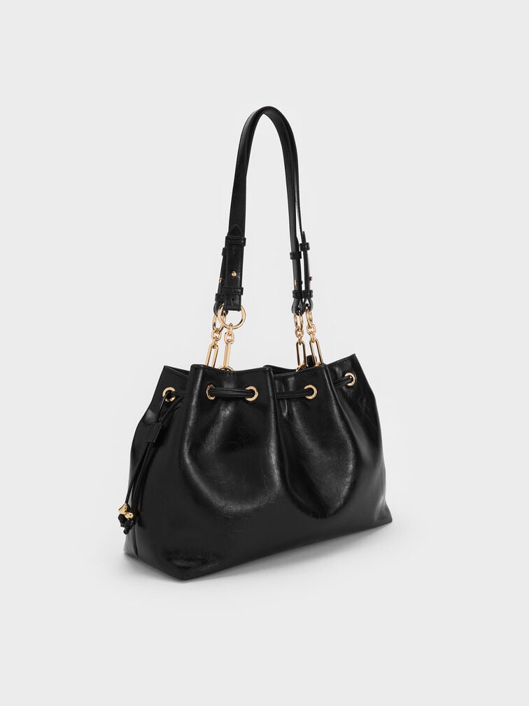 Moxie Drawstring Bucket Bag, Black, hi-res