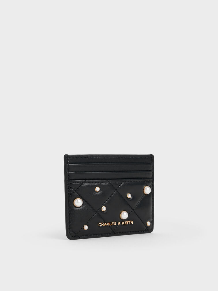 Janie Pearl-Embellished Quilted Card Holder, Black, hi-res