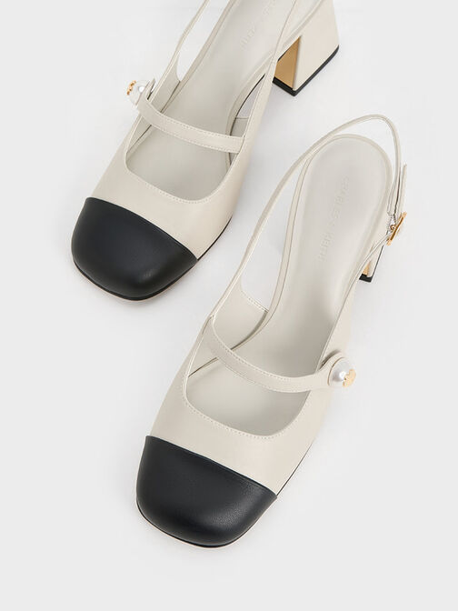 Giày cao gót mũi vuông Pearl Embellished Trapeze-Heel Slingback, Phấn, hi-res
