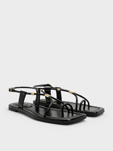 Metallic-Accent Toe-Ring Sandals, Black, hi-res
