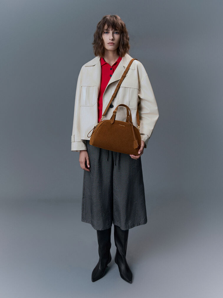 Vega Faux Suede Bowling Bag, Pecan Brown, hi-res
