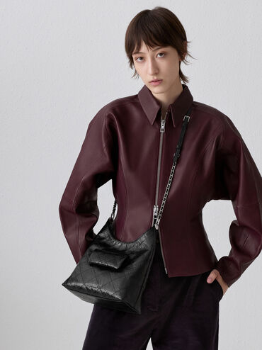 Duo Quilted Front-Pocket Chain Hobo Bag, Noir, hi-res