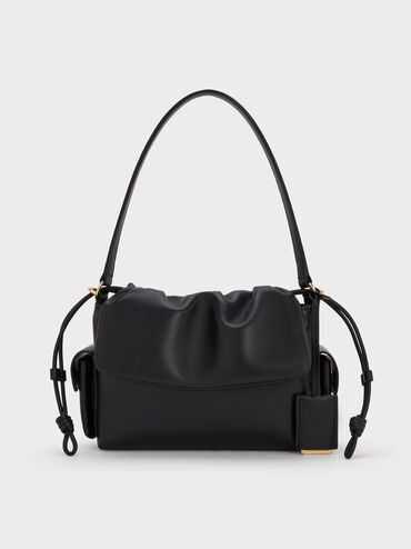 Khai Ruched-Flap Side-Pocket Top Handle Bag, Black, hi-res