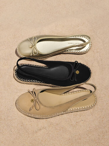 Faux Suede Bow Slingback Espadrilles, Black Textured, hi-res