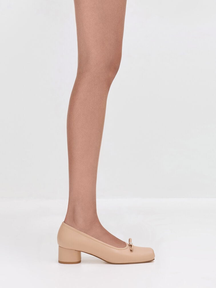 Bow Square-Toe Pumps, Nude, hi-res