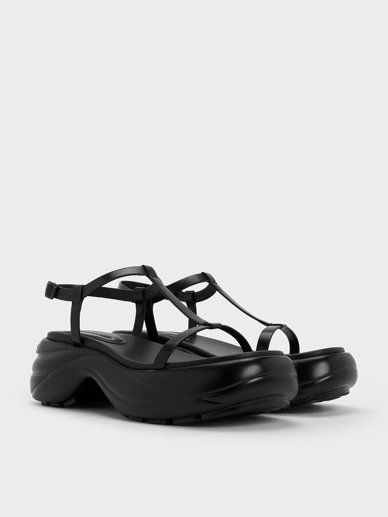Giày sandals đế xuồng T-Bar Curved Platform Sports, Đen, hi-res