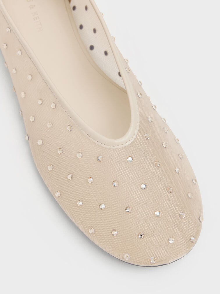 Mesh Crystal Ballet Flats, Beige, hi-res
