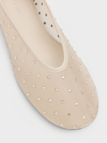 Mesh Crystal Ballet Flats, Beige, hi-res