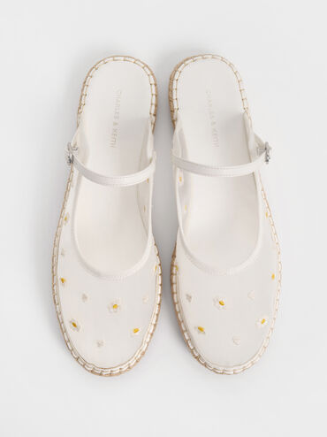Bernadine Mesh Floral-Embroidered Espadrille Mules, White, hi-res