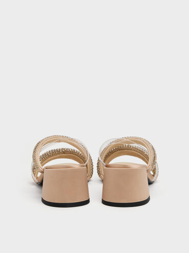 Glittered Crystal Clear-Strap Mules, Nude, hi-res