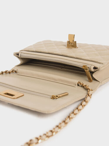 Quilted Flip-lock Clutch, Taupe, hi-res