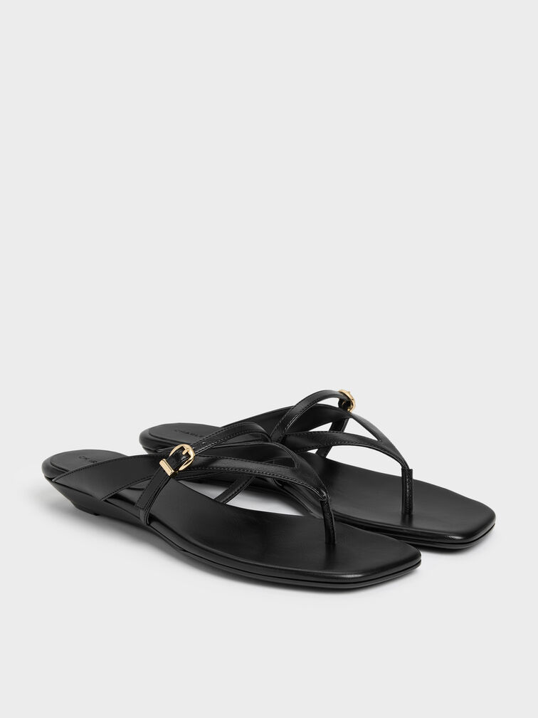 Buckled Thong Wedges, Black, hi-res