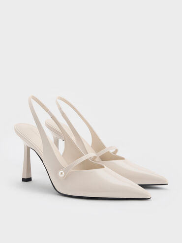Helena Pearl-Buckle Pointed-Toe Slingback Pumps, Chalk, hi-res