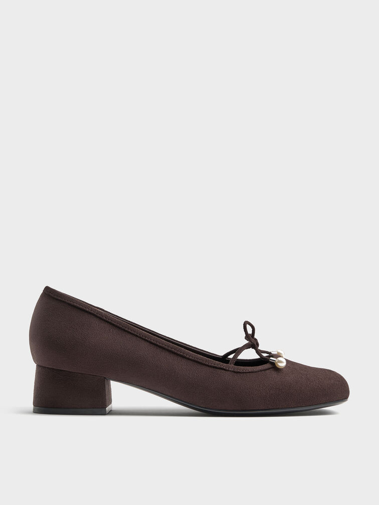 Barbara Faux Suede Pearl-Embellished Bow Ballet Pumps, Dark Brown Textured, hi-res