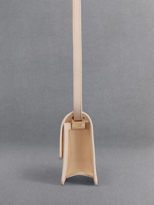 Túi đeo vai phom chữ nhật Mesh & Leather Monogram, Be, hi-res