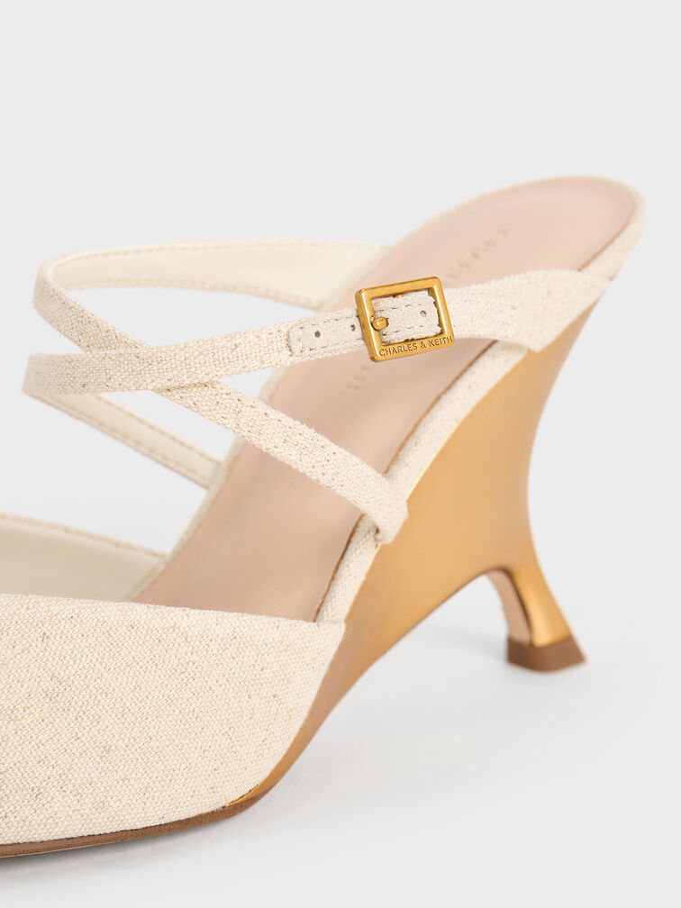 Linen Crossover-Strap Sculptural-Heel Wedges, Beige, hi-res