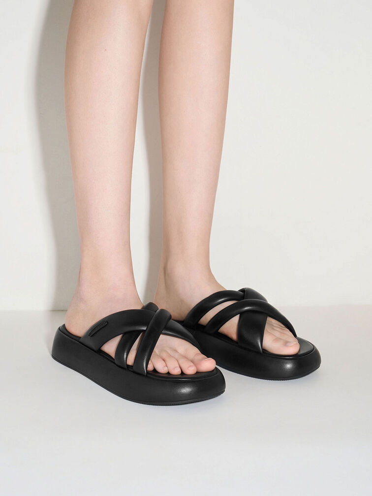 Puffy Crossover-Strap Slide Sandals, Black, hi-res
