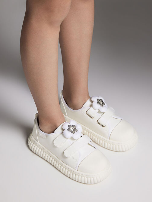 Girls' Puffy Flower Sneakers, White, hi-res