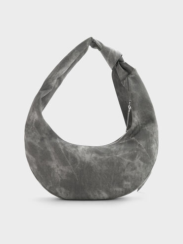Túi đeo vai hình bán nguyệt Toni Denim Knotted Curved, Xám đậm, hi-res