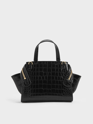Pansy Trapeze Croc-Effect Top Handle Bag, Black, hi-res