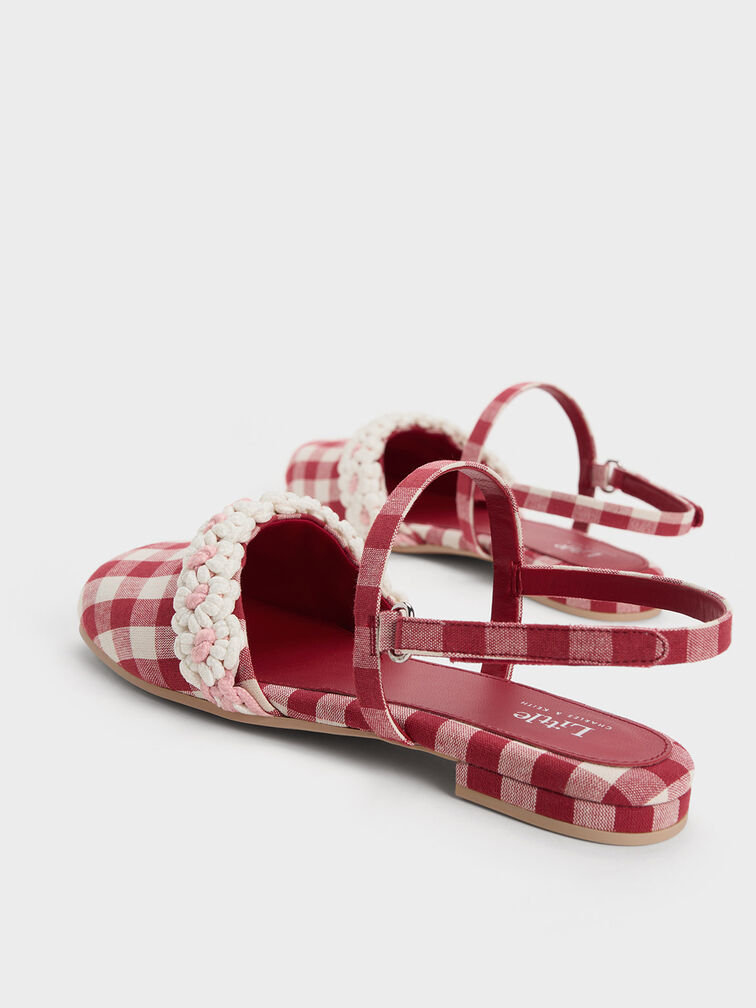 Giày búp bê trẻ em mũi tròn Floral Crochet Checkered, Đỏ, hi-res