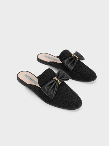 Tweed Chain-Link Bow Loafer Mules, Black Textured, hi-res