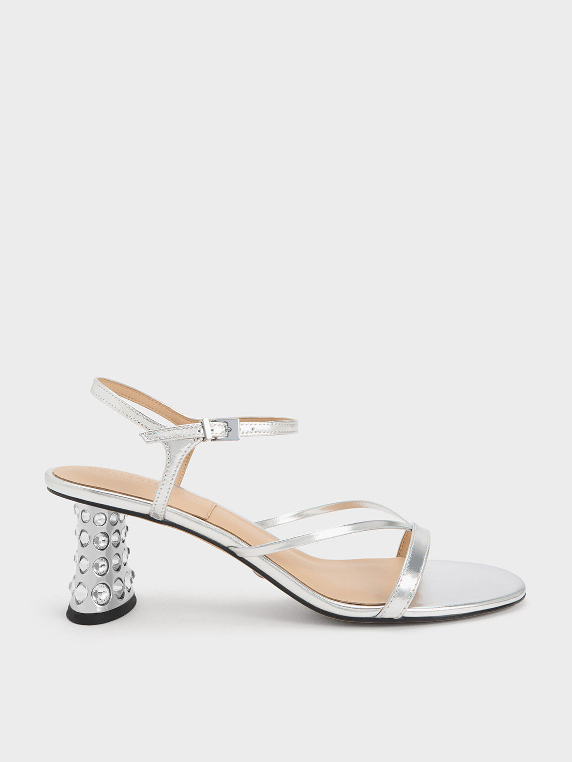 Gem-Embellished Metallic Strappy Sandals, Silver, hi-res