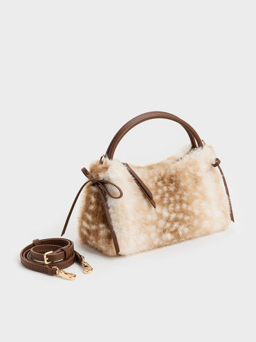 Hazel Furry Deer-Print Bow Top Handle Bag, Animal Print Brown, hi-res