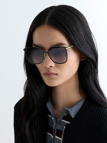 Ophelia Metallic-Accent Square Sunglasses, Black, hi-res