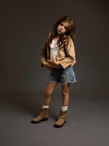 Girls' Faux Suede Buckled Ankle Boots, Sand, hi-res