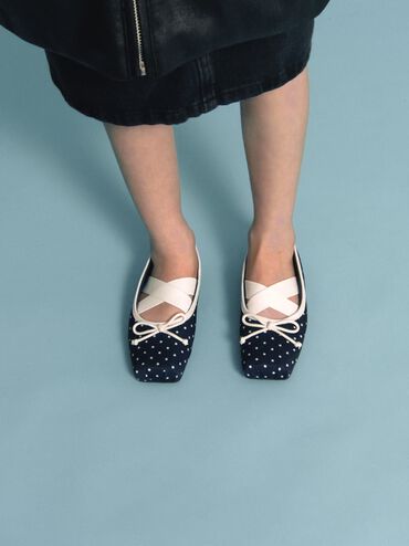 Girls' Dotted Bow Square-Toe Crossover-Strap Ballet Flats, Dark Blue, hi-res