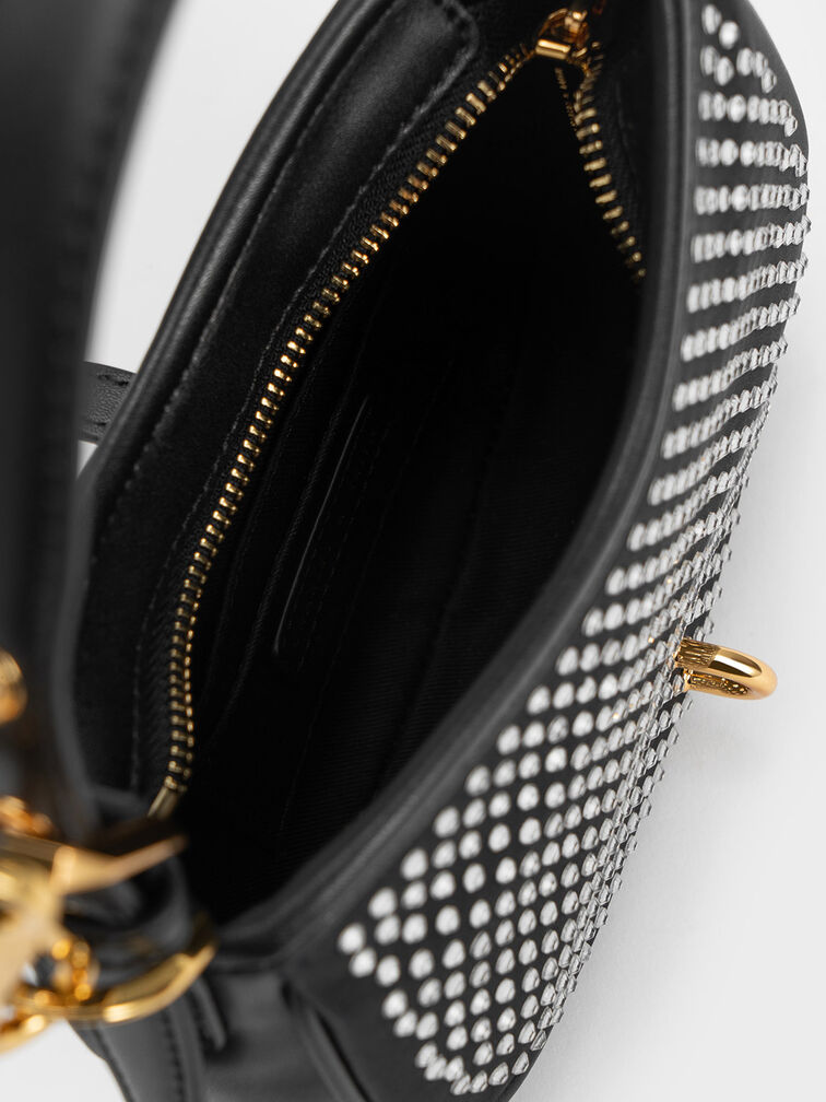 Crystal-Embellished Belted Shoulder Bag, Black, hi-res