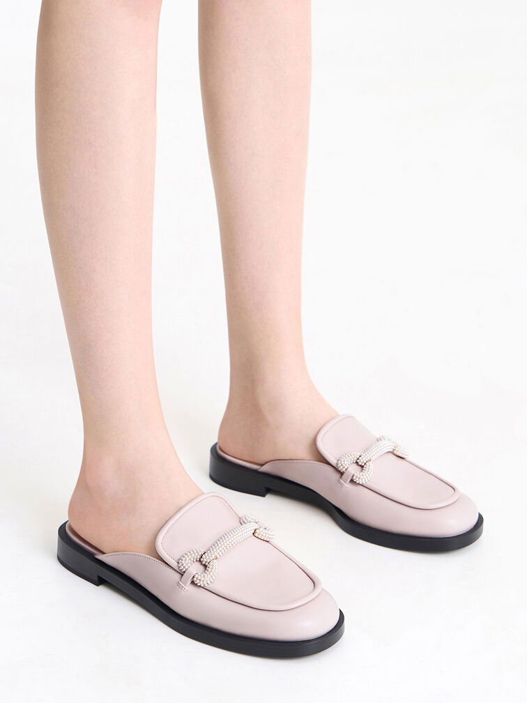 Beaded Accent Loafer Mules, Blush, hi-res