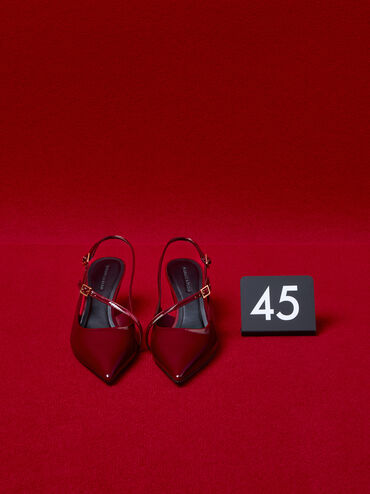 Wynn Patent Buckled Sculptural-Heel Slingback Pumps, Red, hi-res