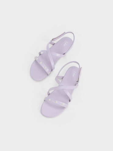 Girls' Flower-Beaded Strappy Sandals, Lilac, hi-res