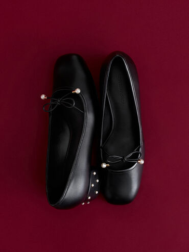 Barbara Pearl-Embellished Bow Ballet Pumps, Black, hi-res