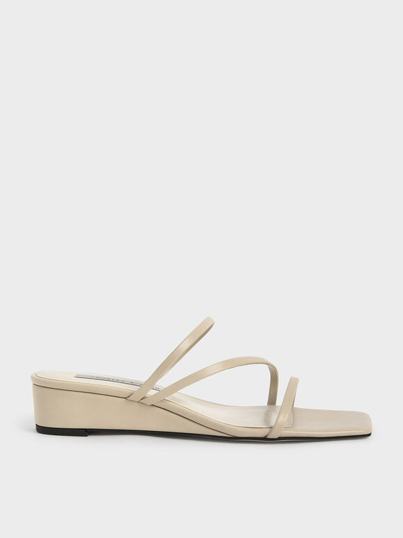 Strappy Wedge Mules, Beige, hi-res