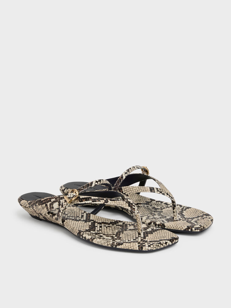 Snake-Print Buckled Thong Wedges, Animal Print Natural, hi-res