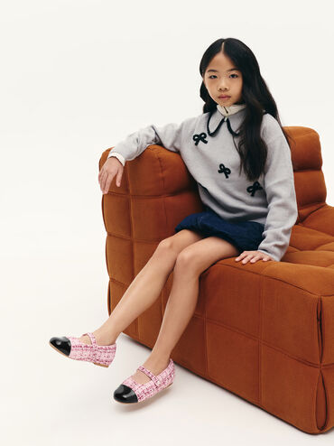 Girls' Tweed Pearl Mary Jane Flats, Pink, hi-res