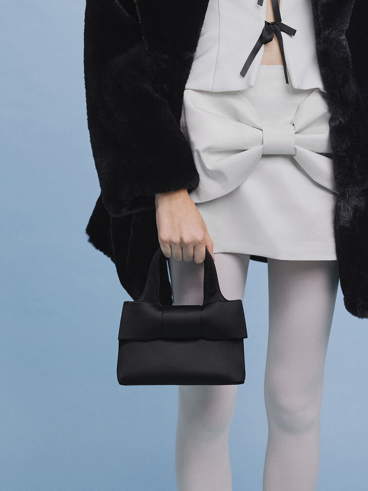 Satin Bow Bucket Bag, Noir, hi-res