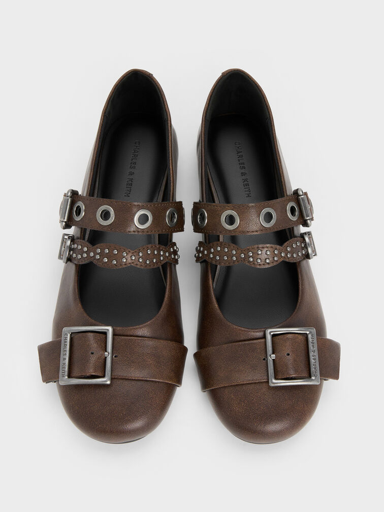 Aether Grommet Studded Mary Jane Flats, Dark Brown, hi-res