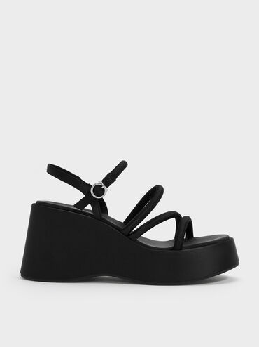 Gi&agrave;y sandals đế xuồng Lindon Satin, Đen họa tiết, hi-res