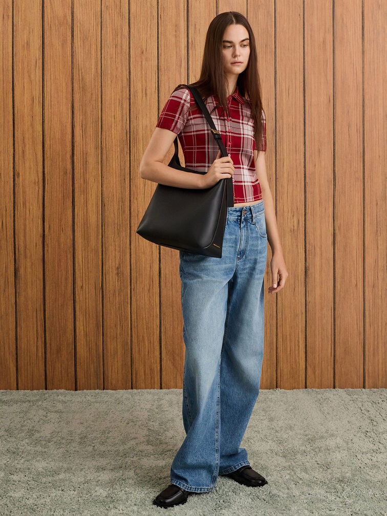 Túi đeo vai nữ hình thang Edna, Đen, hi-res