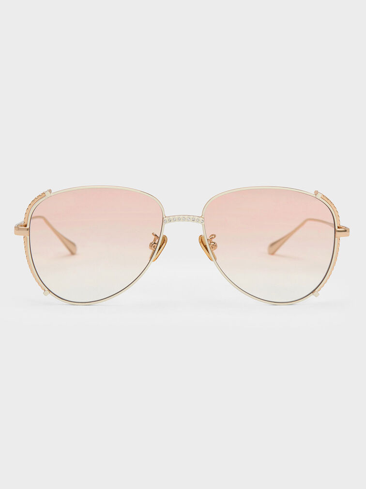 Gem-Embellished Wireframe Aviator Sunglasses, Cream, hi-res